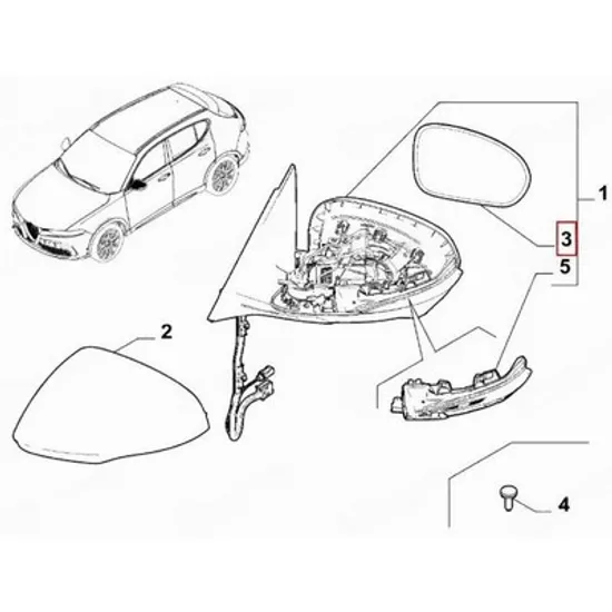 Sticla Oglinda ALFA ROMEO TONALE 2022-> Geam Oglinda exterioara cu incalzire (O) STANGA Perioada 2022 2023 2024 2025