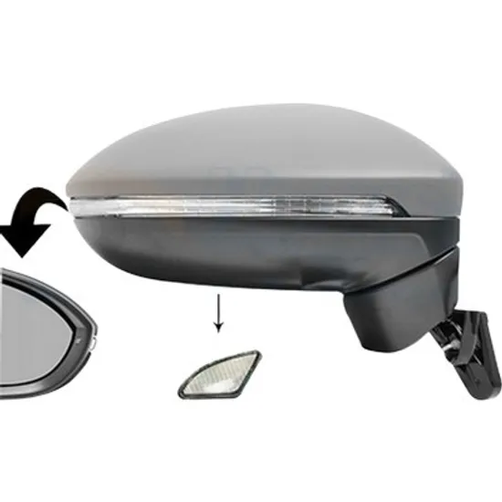 Oglinda exterioara dreapta VW TOURAN 2010->2016 perioada 2015 2016 2017 2018 2019 2020 , cu lampa podea, cu lumini de pozitie, cu semnal, numar pini 15, cu incalzire, rabatare electrica, prevopsit grund