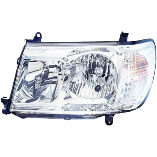 Far stanga TOYOTA LAND CRUISER J1 1998->2008 perioada 1998 1999 2000 2001 2002 2003 2004 2005 2006 2007 de la an de fabricatie 01/2005, fara stecher, cromat, semnal transparent, cu reglaj electric, reglaj manual, cu bec HB3/HB4,