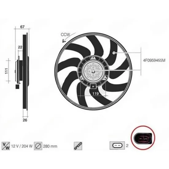 Ventilator Motor AUDI A6 C6 2004->2011 Ventilator A/C (motor+elice) 3.0 TFSI benzina (280 mm) (2PIN) Perioada 2008 2009 2010