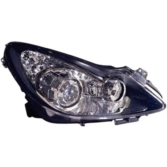 Far dreapta OPEL CORSA D 2006->2014 perioada 2006 2007 2008 2009 2010 2011 2012 2013 2014 pana la an de fabricatie 03/2011, fara motor reglaj, cromat/negru, semnal transparent, cu reglaj electric, adaptiv, cu bec H7/H1/H1