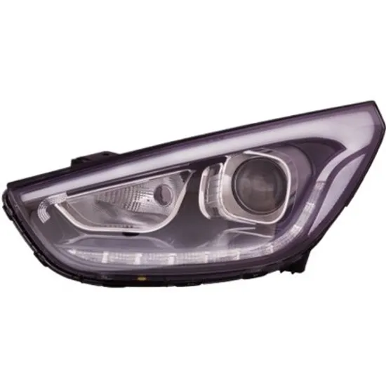 Far stanga HYUNDAI ix35 / TUCSON 2009-> perioada 2012 2013 2014 2015 2016 2017 de la an de fabricatie 2013, fumuriu, fara motor reglaj, fara LED, semnal transparent, cu reglaj electric, cu daylight, cu daylight LED, cu bec HIR2