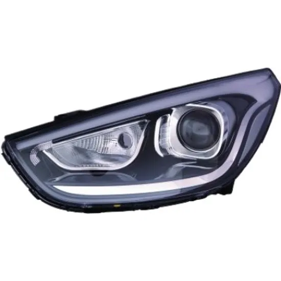 Far dreapta HYUNDAI ix35 / TUCSON 2009-> perioada 2012 2013 2014 2015 2016 2017 fumuriu, fara motor reglaj, fara LED, semnal transparent, cu reglaj electric, cu lumina de pozitie LED, cu bec HIR2,